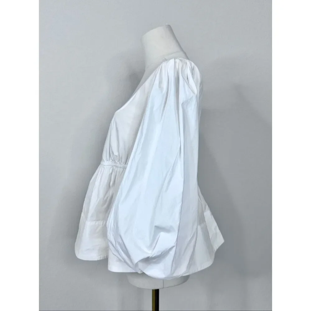 STAUD Sophie Blouse M White Square Neck Babydoll Peplum Puff Sleeve Top